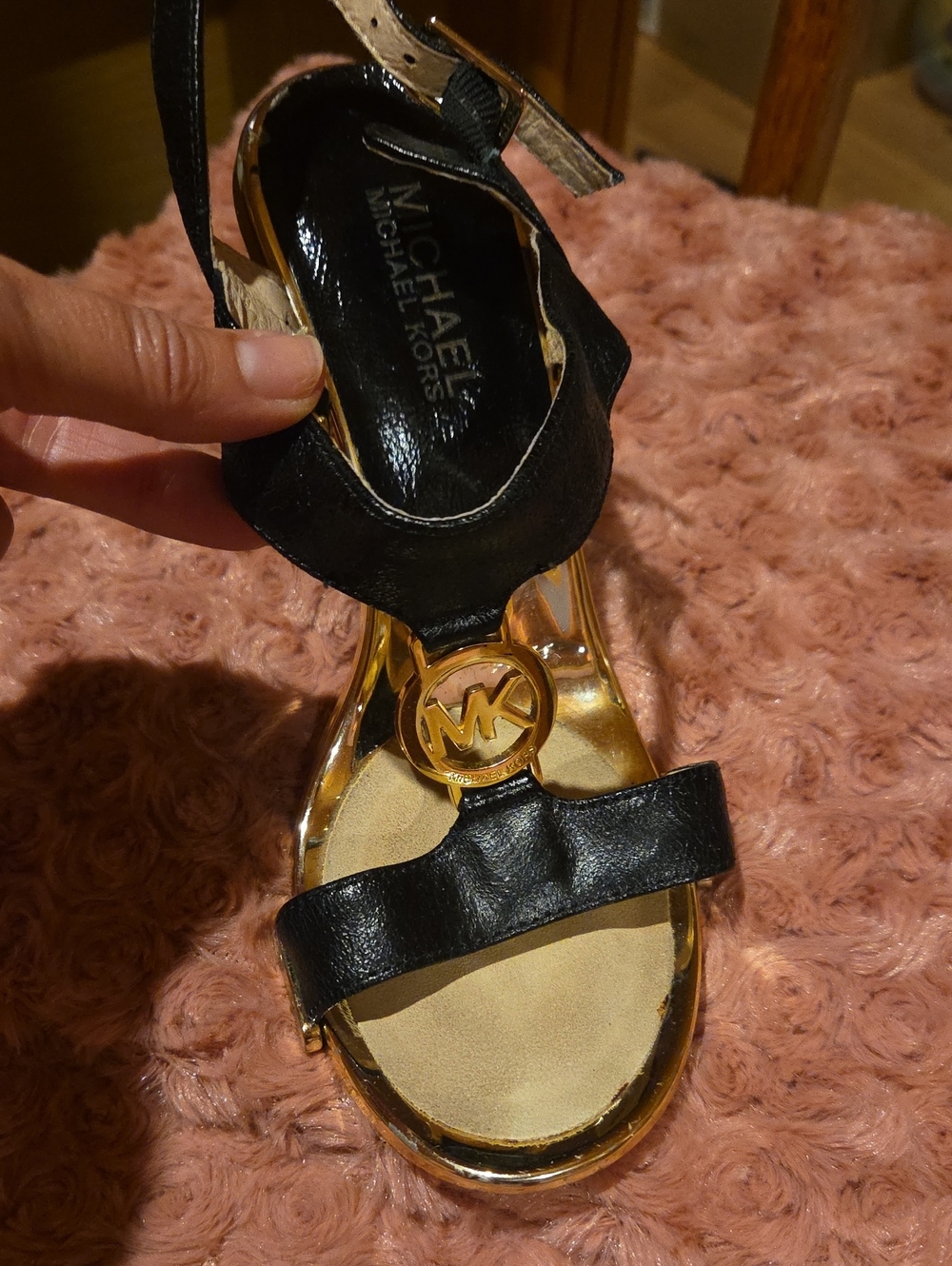 Michael Kors Black Leather Heeled Sandals with Gold Trim